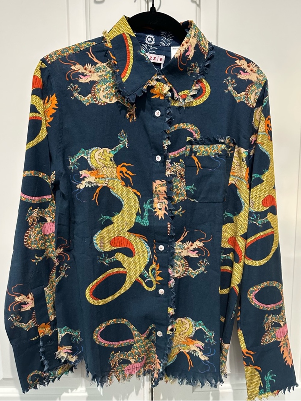 ezra Navy Dragon-Print Button-Down Shirt